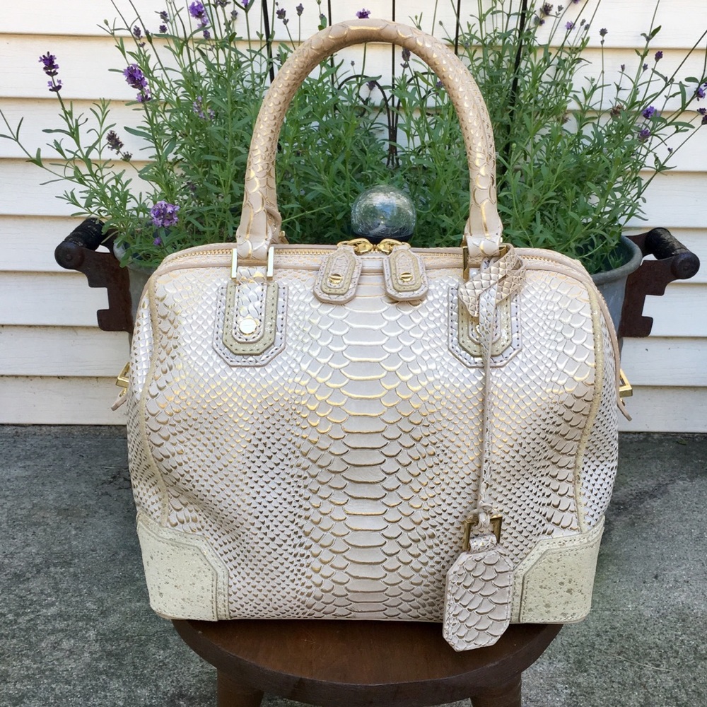 Alice + Olivia Cream and Gold Snake-Embossed Satchel